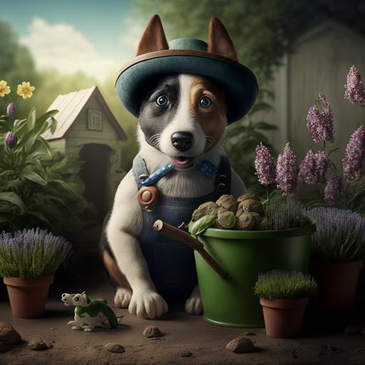 tudio photograph of gardener, dog cartoon mascot  smiley face  fine ultra-detailed realistic   ultra photorealistic   Hasselblad H6D   high definition   8k   cinematic   color grading   depth of field   photo-realistic   film lighting   rim lighting   intricate   realism   maximalist detail   very realistic   photography by Carli Davidson, Elke Vogelsang, Holy Roman, pointillism