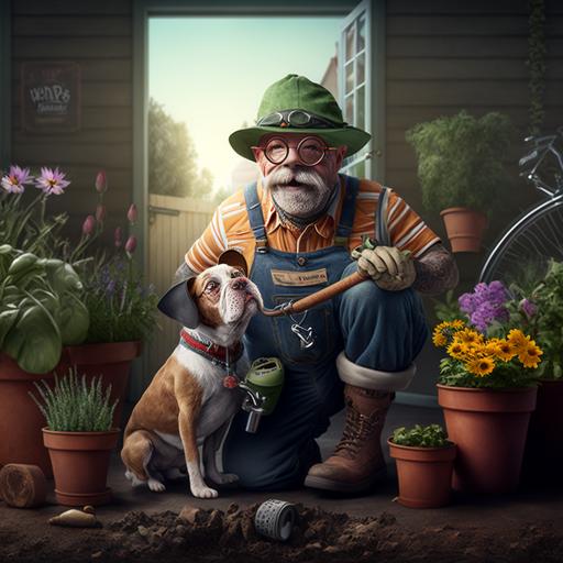 tudio photograph of gardener, dog cartoon mascot  smiley face  fine ultra-detailed realistic   ultra photorealistic   Hasselblad H6D   high definition   8k   cinematic   color grading   depth of field   photo-realistic   film lighting   rim lighting   intricate   realism   maximalist detail   very realistic   photography by Carli Davidson, Elke Vogelsang, Holy Roman, pointillism