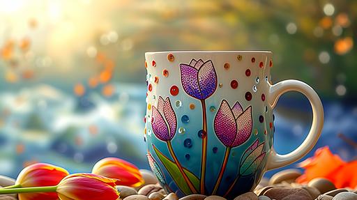 tulip design, dot art style, on a coffee mug  --ar 16:9 --s 200 --v 6.0 --c 3 --style raw