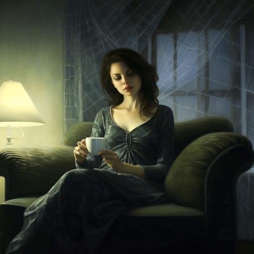 turing of a modern day beautiful woman, relaxing on her couch in her livingroom, drinking a cup of coffee