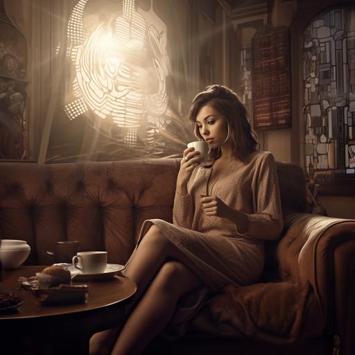 turing of a modern day beautiful woman, relaxing on her couch in her livingroom, drinking a cup of coffee