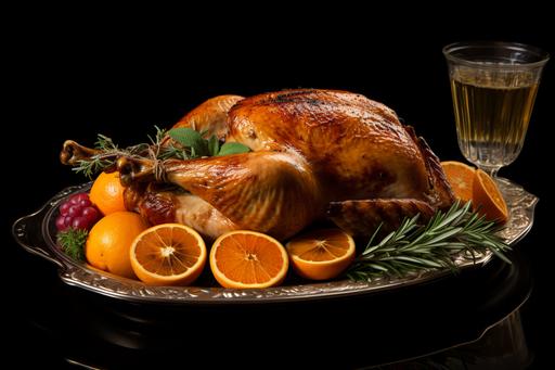 turkey on a platter with oranges and rosemary, in the style of hyperrealistic precision, ferrania p30, highly polished surfaces, 32k uhd, dark amber, roguecore, website --ar 128:85