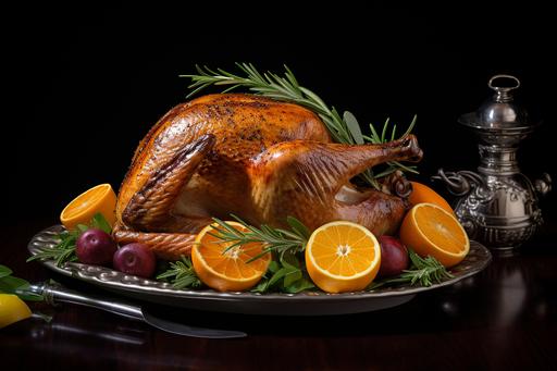 turkey on a platter with oranges and rosemary, in the style of hyperrealistic precision, ferrania p30, highly polished surfaces, 32k uhd, dark amber, roguecore, website --ar 128:85