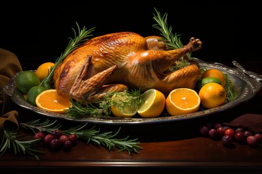 turkey on a platter with oranges and rosemary, in the style of hyperrealistic precision, ferrania p30, highly polished surfaces, 32k uhd, dark amber, roguecore, website --ar 128:85