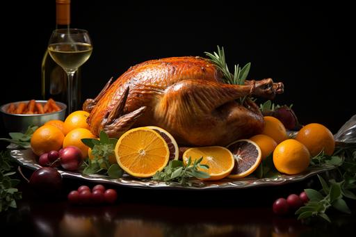 turkey on a platter with oranges and rosemary, in the style of hyperrealistic precision, ferrania p30, highly polished surfaces, 32k uhd, dark amber, roguecore, website --ar 128:85