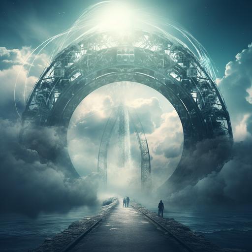 turkis portal into a new world with a mystic bridge with beautiful crossing people, white steam upcoming,