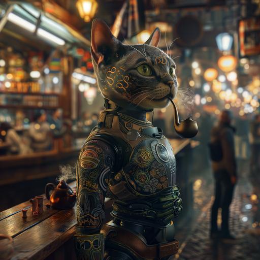 turn into 3D futuristic art of robotic cat with tattoos smoking a pipe running a shop in the marketplace full of people --v 6.0