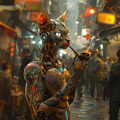 turn into 3D futuristic art of robotic cat with tattoos smoking a pipe running a shop in the marketplace full of people --v 6.0