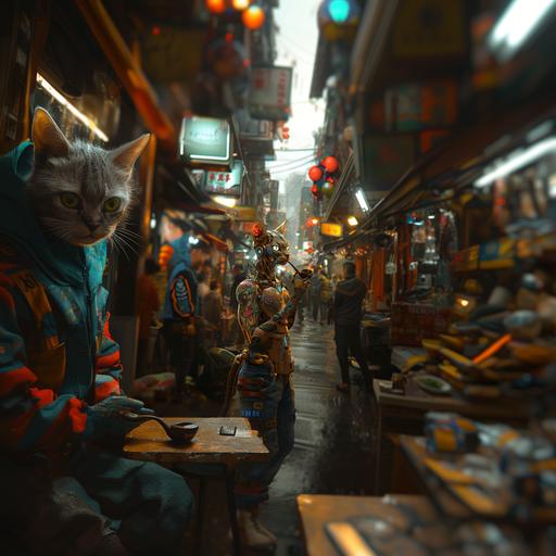 turn into 3D futuristic art of robotic cat with tattoos smoking a pipe running a shop in the marketplace full of people, the eyes change colors and it zooms in and out --v 6.0 --ar 1:1