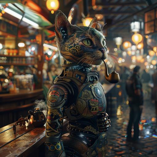 turn into 3D futuristic art of robotic cat with tattoos smoking a pipe running a shop in the marketplace full of people