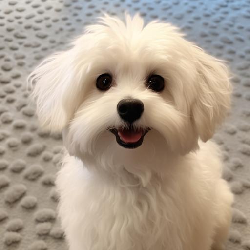 turn into a Disney dog character with all white fur, and bubble cartoon eyes, same fluffy hair