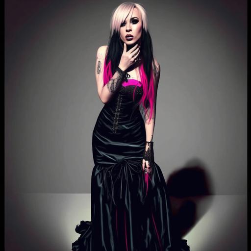 turn into wearing a black emo prom dress, full body image, 4k realistic with a touch of hot pink, beautiful