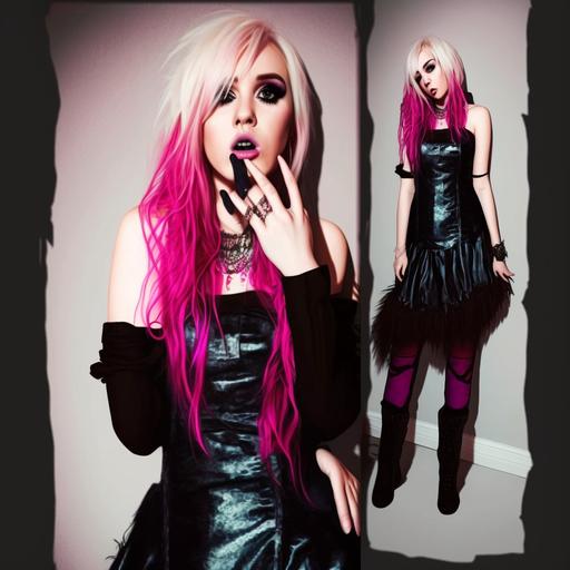 turn into wearing a black emo prom dress, full body image, 4k realistic with a touch of hot pink, beautiful