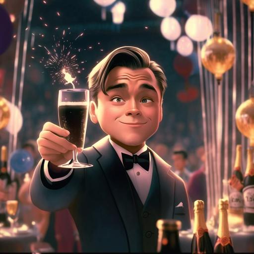 turn the main character to a Vietnamese men in his early 20s, 3d pixar character, he’s making a toast, looking straight to the camera, cheers with a smile, fireworks and people partying in the background.