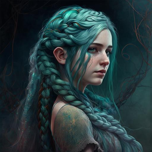 turquoise haired young nymph with long braid
