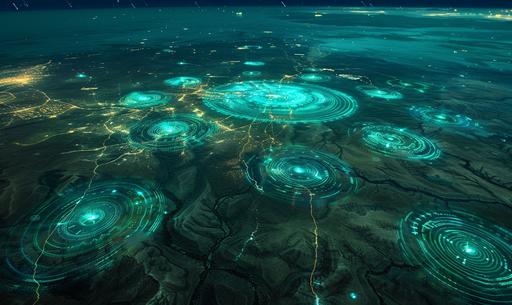turquoise luminous incandescent crop circles over all earth, orbit view --ar 5:3