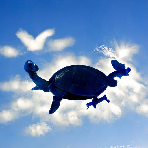 turtle character, flying, blue sky, silhouette, turtles, bright. Realistic