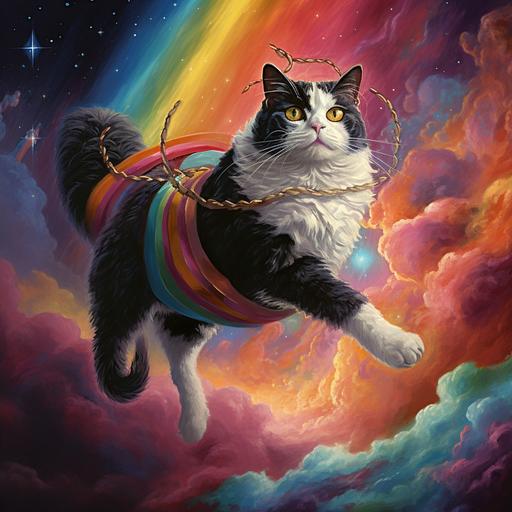 tuxedo cat on rainbow unicorn flying in space
