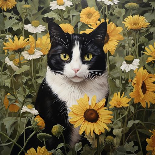 tuxedo cat surrounded by daisies and sunflowers