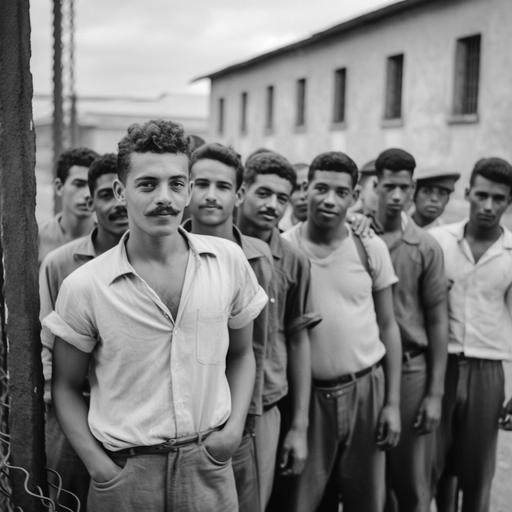twelve dominican young men, standing in line in a prison yard, a high rank militar with a big mustache is looking thrilled at the prisoners, picture taken in 1959, hyper realistic, 12K black and white