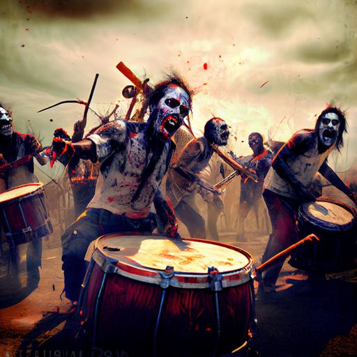 twelve zombie drummers drumming through a zombie battlefield, extreme long shot, torn and frayed clothes, no shoes, fire red eyes, photograph, photo-realistic, ultra-fine lines, ultra-detailed, extreme deranged happiness --v 4 --upbeta