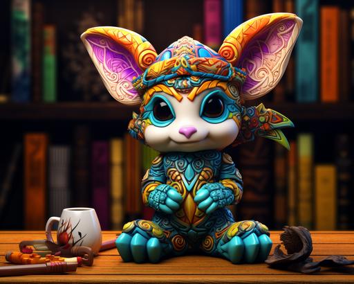 twi, 2, adorable toypunk zbrush squishamal, 3d shading play-doh Ratatoskr figurine, bioluminescent adorable wearing overalls and a funky hat and reading a book, image styled with geometric symmetrical zentangle tessellations mandalas filigree fractal wave Aztec celtic colorful detailed designs --ar 5:4 --v 5.2