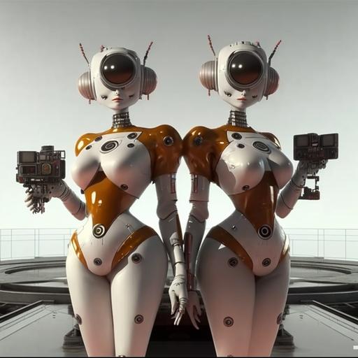 Two twin beutiful, hot robots, Take selfies