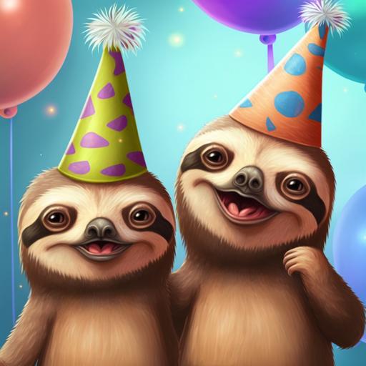 twin sloths wearing birthday hats, cheering and winning, happy, joy, character concept --v 4 --q 2