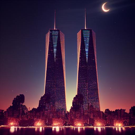 twin towers at night with crescent moon, 4k, cinematic, --testp --upbeta --upbeta