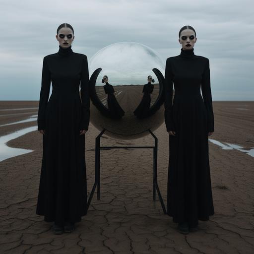 twin women dressed in black dresses inspired by Mad Max costumes, surrounded by mirrors with reflections of the blackness of the sand and the night sky. postmodern . photography dark and ominous. grana — ar 7:9