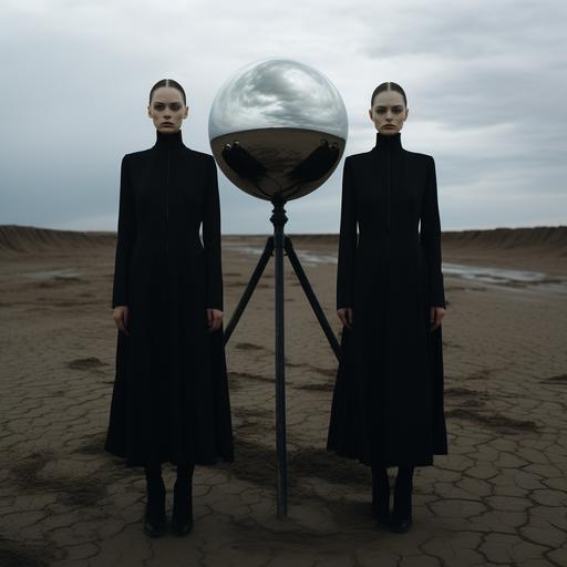 twin women dressed in black dresses inspired by Mad Max costumes, surrounded by mirrors with reflections of the blackness of the sand and the night sky. postmodern . photography dark and ominous. grana — ar 7:9