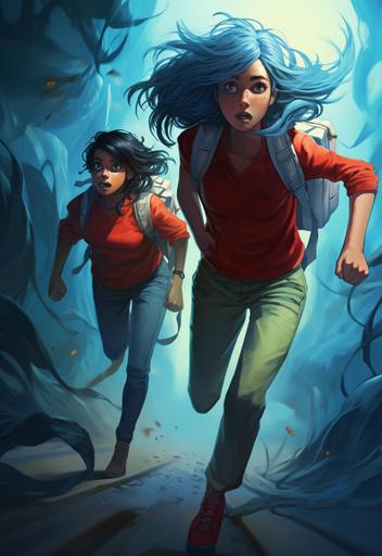 two 13 year old twin sisters with blue hair, with jeans, red tee-shirts and a backpack. they run, escaping from a mid human mid spider monster --ar 11:16