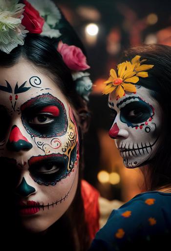 two Day of the Dead face painted women at a party in spain, concept art by Zack Snyder, portrait, finely detailed painted face, vibrant colors, cinematic lighting, intricate filigree, 8k, unreal engine, octane render, realistic, volumetric lighting, --chaos 20 --ar 2:3 --test --creative