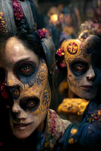 two Day of the Dead face painted women at a party in spain, concept art by Zack Snyder, portrait, finely detailed painted face, vibrant colors, cinematic lighting, intricate filigree, 8k, unreal engine, octane render, realistic, volumetric lighting, --quality 3 --chaos 20 --ar 2:3 --s 5000 --v 3
