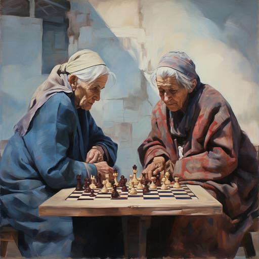 two Yugoslavic grandmas playing chess, abstract art