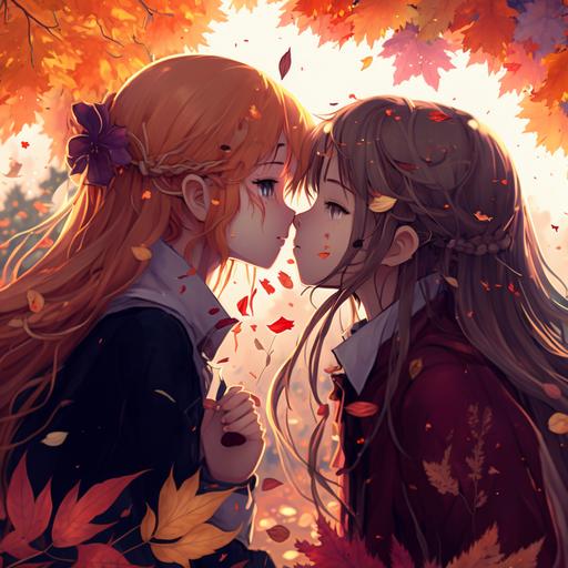 two anime girls kissing each other, anime, autumn, 8k, shoujo-ai style --q 2