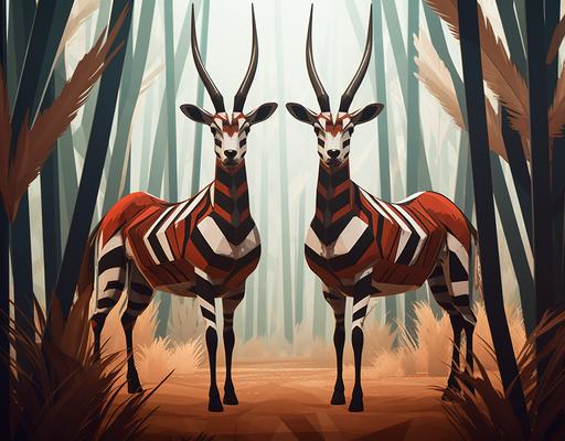 two antelope females standing in the middle of a grass filled area, in the style of striped arrangements, enigmatic tropics, dark maroon and brown, iso 200, tinkercore, junglecore, bold structural designs --ar 77:60