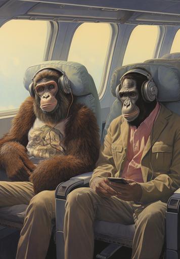 two apes standing in an airplane with one hand on their back, in the style of burned/charred, linnea strid, gary larson, flickering light, security camera, genndy tartakovsky, political illustration --ar 89:128