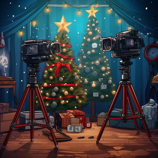 two arri Alexa movie cameras on tripods next to a Christmas tree, cartoon, animation