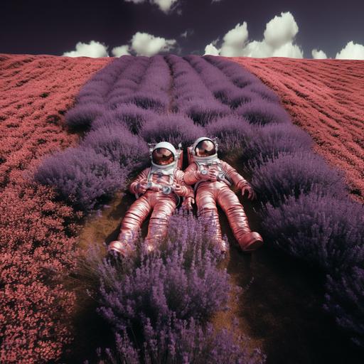 two astronouts lying face up on a lavendel field, helmets next to each other with legs in opposit directions, viewed from above