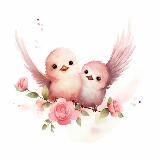 two baby bird flying , rose, cute cartoon watercolor, simple, minimalist