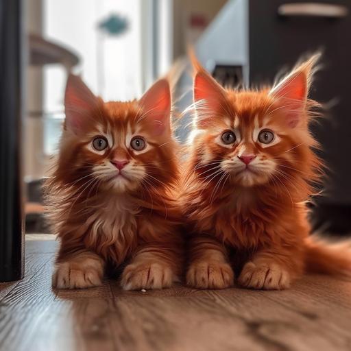 two baby red self maine coon huge muzzle long coat linx tipes trusting --no collar --q 2 --v 5 --s 750