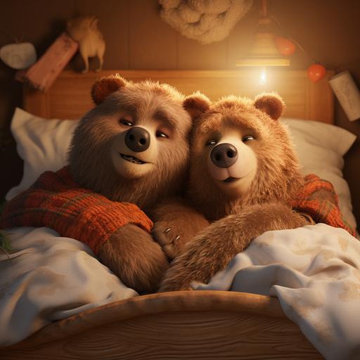 two bears in a bed hugging before sleep in Pixar style