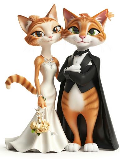 two beautiful cats wife and husband,IP, smooth and fine, disney style, Pixar cartoon style, white background, 3D render, best quality, 8K, Super detail --ar 3:4 --style raw
