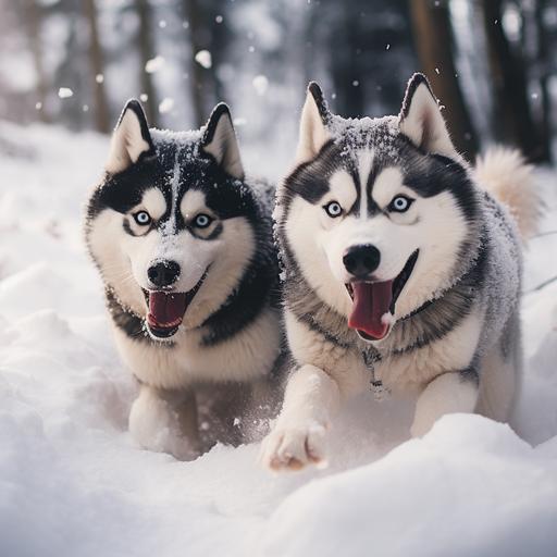 two beautiful huskies play in the snow