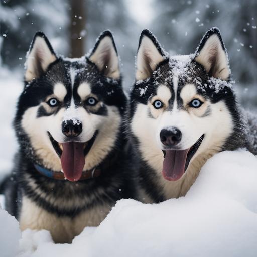 two beautiful huskies play in the snow
