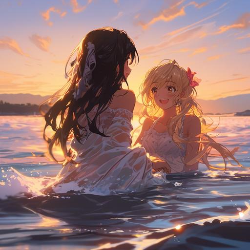two beautiful lesbians wading in the ocean during golden hour sunset --niji 5