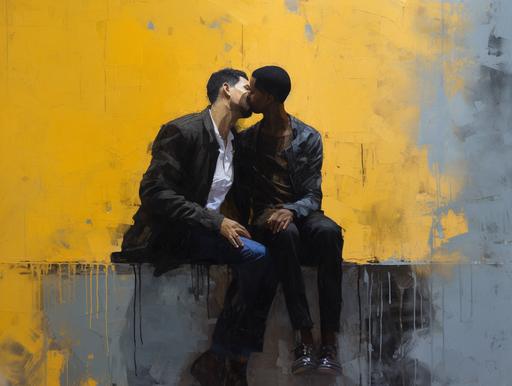 two black gay men kissing in the heavy rain, sun is shining behind them, they are sitting on the stairs, painting, heavy and thick paint, blue and yellow background, andre kohn style oil artwork, --ar 20:15