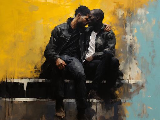 two black gay men kissing in the heavy rain, sun is shining behind them, they are sitting on the stairs, painting, heavy and thick paint, blue and yellow background, andre kohn style oil artwork, --ar 20:15