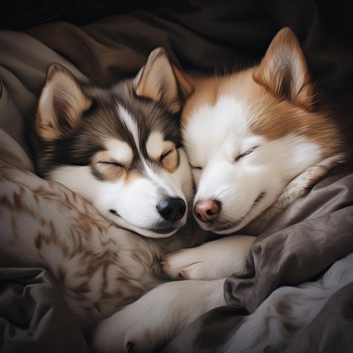 two brown and white anatomically correct husky dogs sleeping together, anime style